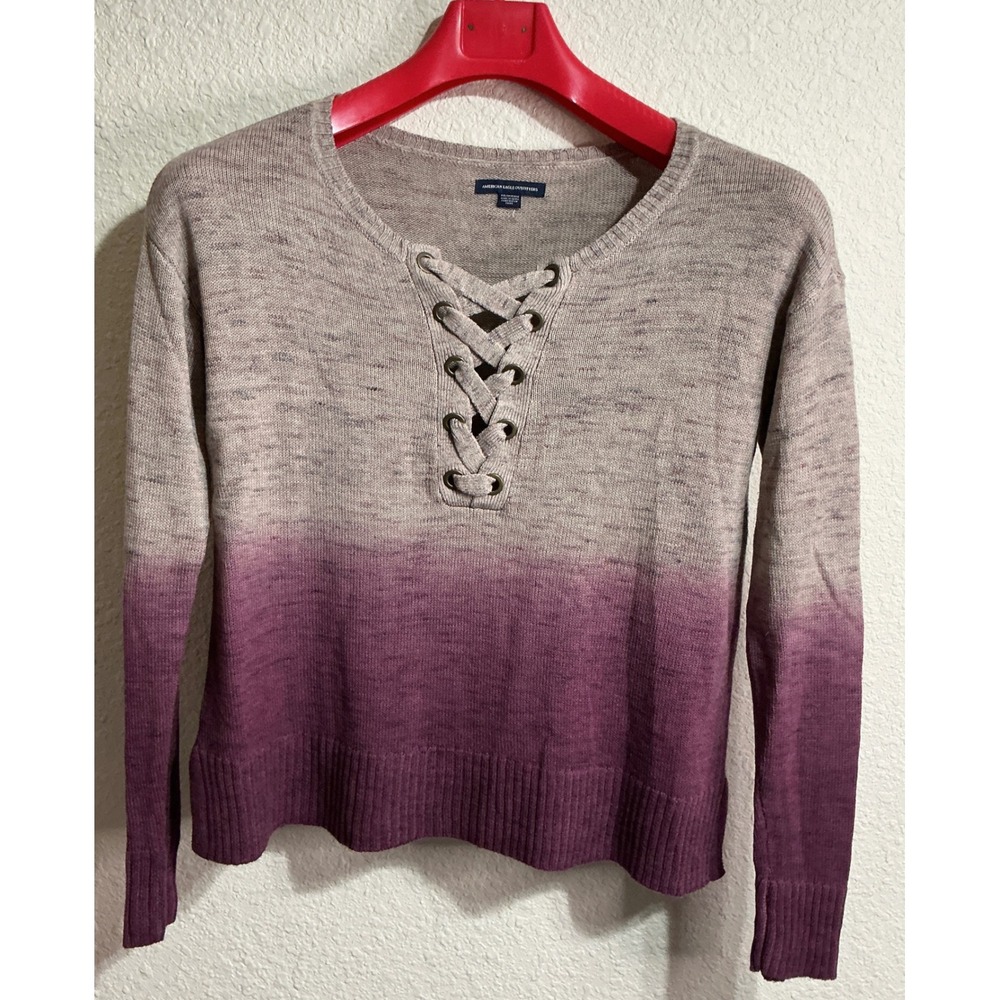 American Eagle Ombre Lace Up Sweater Purple Marl Knit Grommet Boho Cozy XS